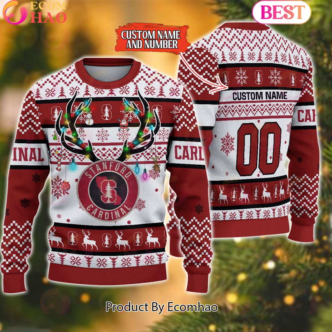 NCAA Stanford Cardinal Reindeer Light Ugly Christmas Sweater