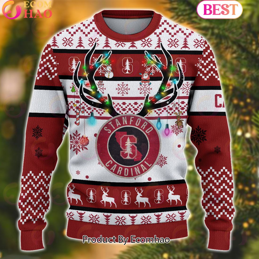 NCAA Stanford Cardinal Reindeer Light Ugly Christmas Sweater