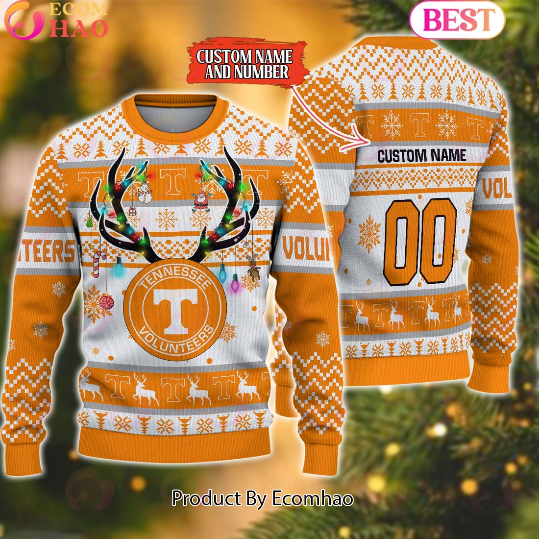 NCAA Tennessee Volunteers Reindeer Light Ugly Christmas Sweater