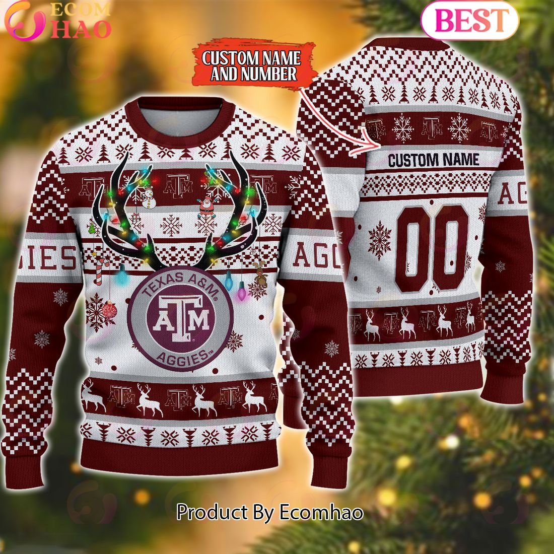 NCAA Texas A&M Aggies Reindeer Light Ugly Christmas Sweater