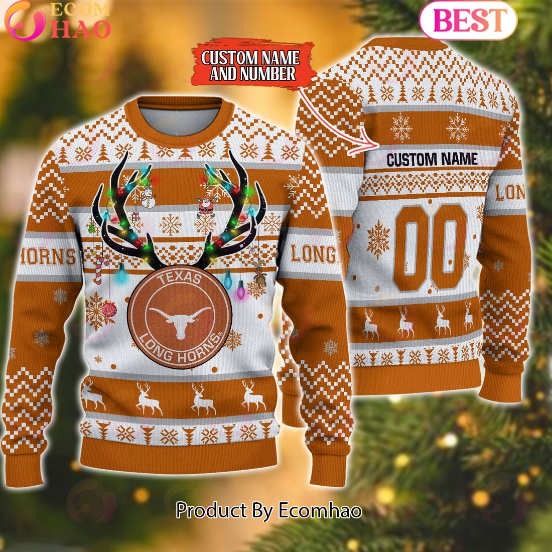 NCAA Texas Longhorns Reindeer Light Ugly Christmas Sweater