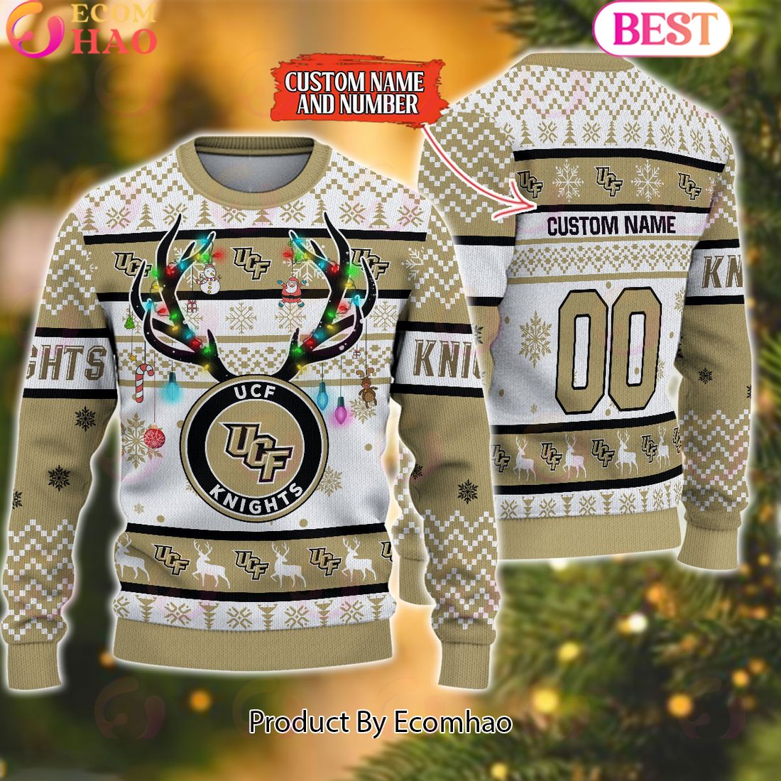 NCAA UCF Knights Reindeer Light Ugly Christmas Sweater