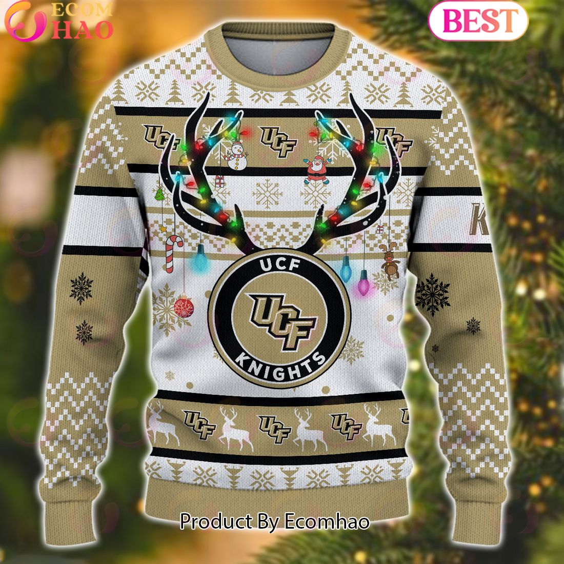 NCAA UCF Knights Reindeer Light Ugly Christmas Sweater