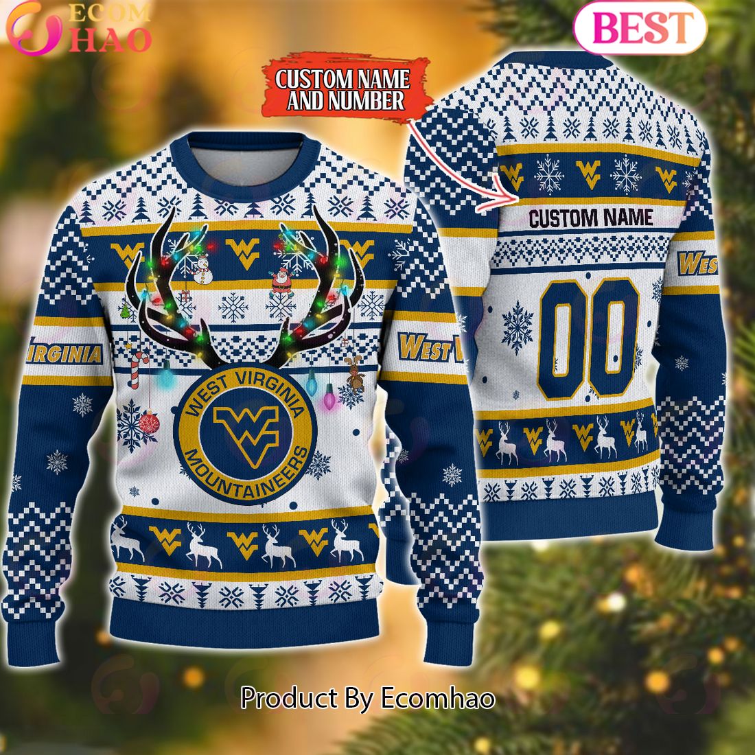 NCAA West Virginia Mountaineers Reindeer Light Ugly Christmas Sweater