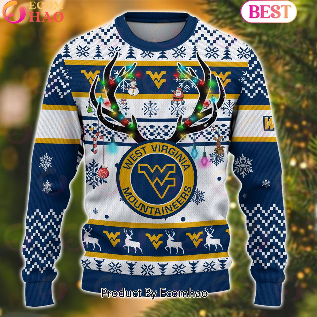 NCAA West Virginia Mountaineers Reindeer Light Ugly Christmas Sweater