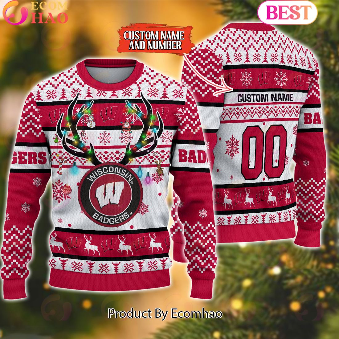 NCAA Wisconsin Badgers  Reindeer Light Ugly Christmas Sweater