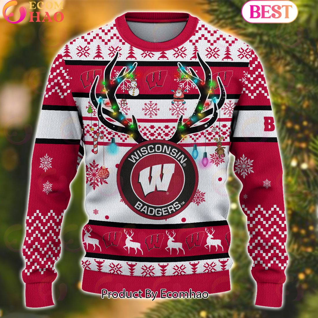 NCAA Wisconsin Badgers  Reindeer Light Ugly Christmas Sweater