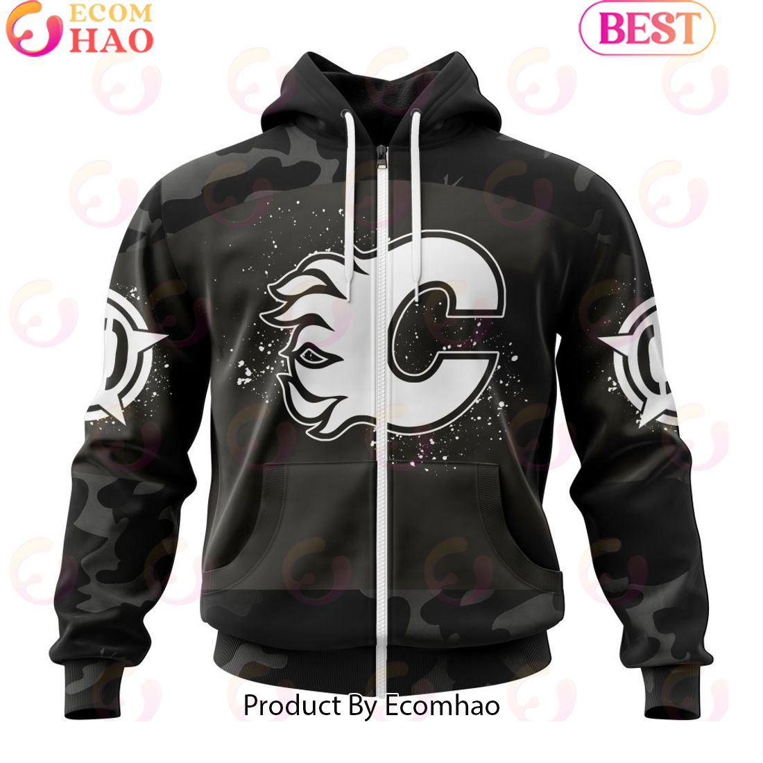 Personalized NHL Calgary Flames Special Black Camo Design For Veterans Day 3D Hoodie