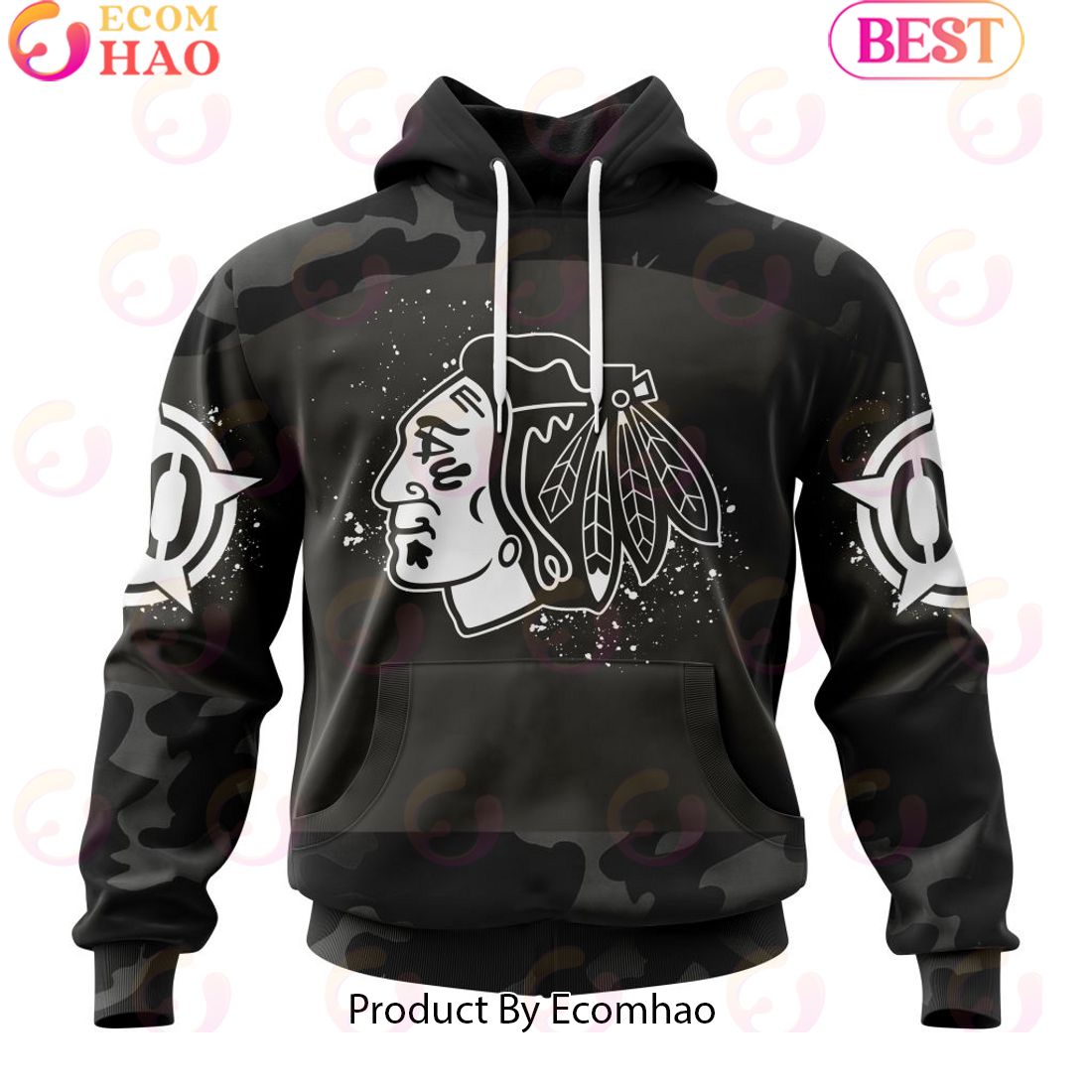 Personalized NHL Chicago Blackhawks Special Black Camo Design For Veterans Day 3D Hoodie