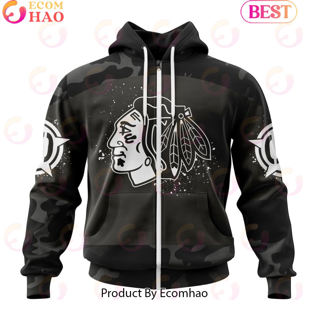 Personalized NHL Chicago Blackhawks Special Black Camo Design For Veterans Day 3D Hoodie