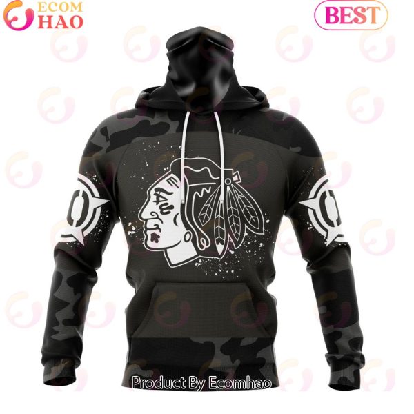 Personalized NHL Chicago Blackhawks Special Black Camo Design For Veterans Day 3D Hoodie