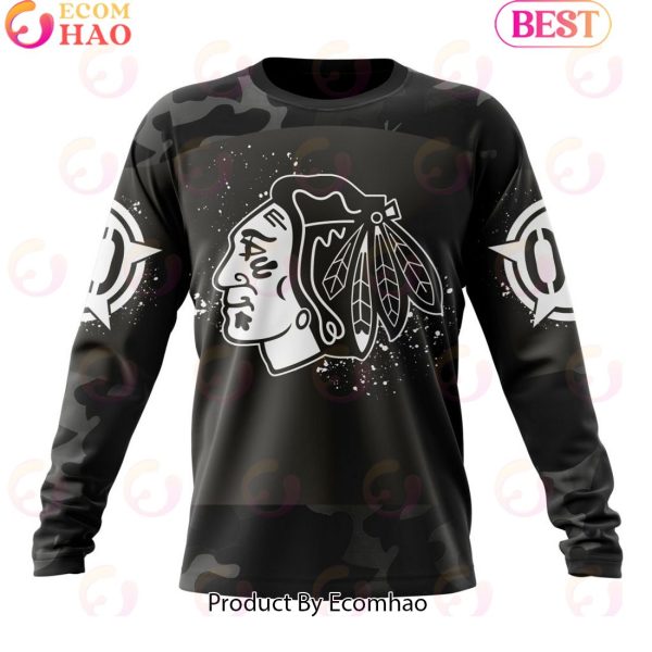 Personalized NHL Chicago Blackhawks Special Black Camo Design For Veterans Day 3D Hoodie