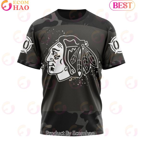 Personalized NHL Chicago Blackhawks Special Black Camo Design For Veterans Day 3D Hoodie
