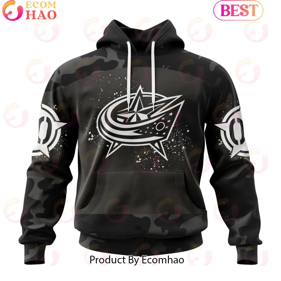 Personalized NHL Columbus Blue Jackets Special Black Camo Design For Veterans Day 3D Hoodie