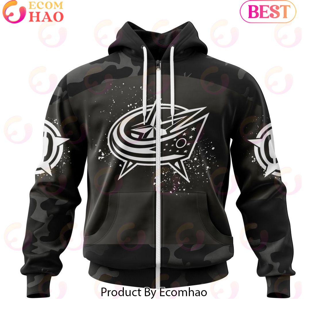 Personalized NHL Columbus Blue Jackets Special Black Camo Design For Veterans Day 3D Hoodie