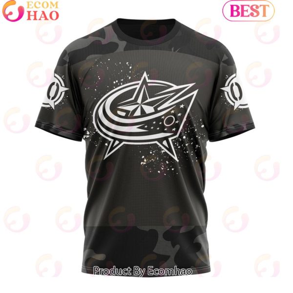 Personalized NHL Columbus Blue Jackets Special Black Camo Design For Veterans Day 3D Hoodie