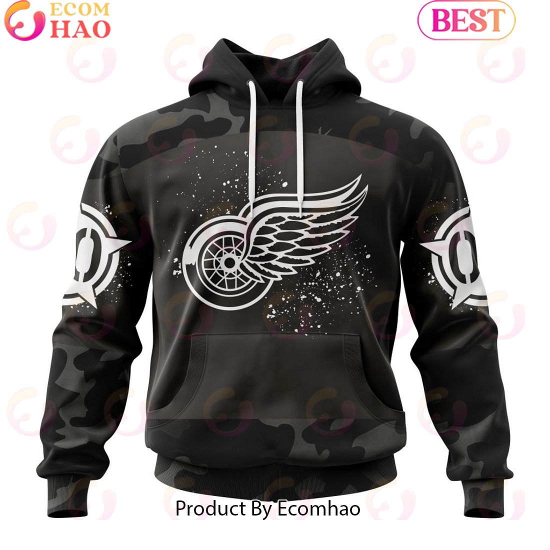 Personalized NHL Detroit Red Wings Special Black Camo Design For Veterans Day 3D Hoodie