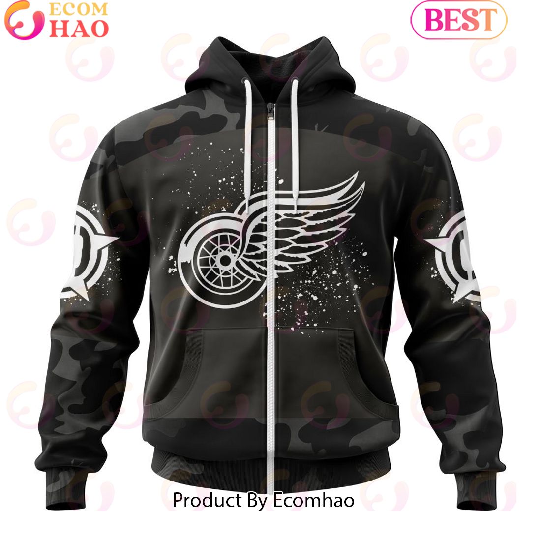 Personalized NHL Detroit Red Wings Special Black Camo Design For Veterans Day 3D Hoodie