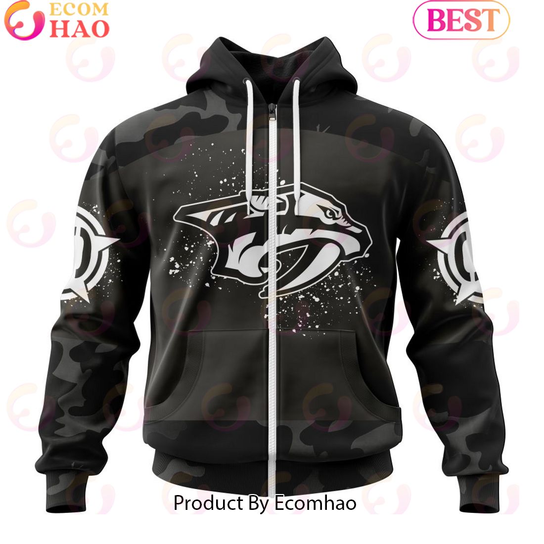 Personalized NHL Nashville Predators Special Black Camo Design For Veterans Day 3D Hoodie