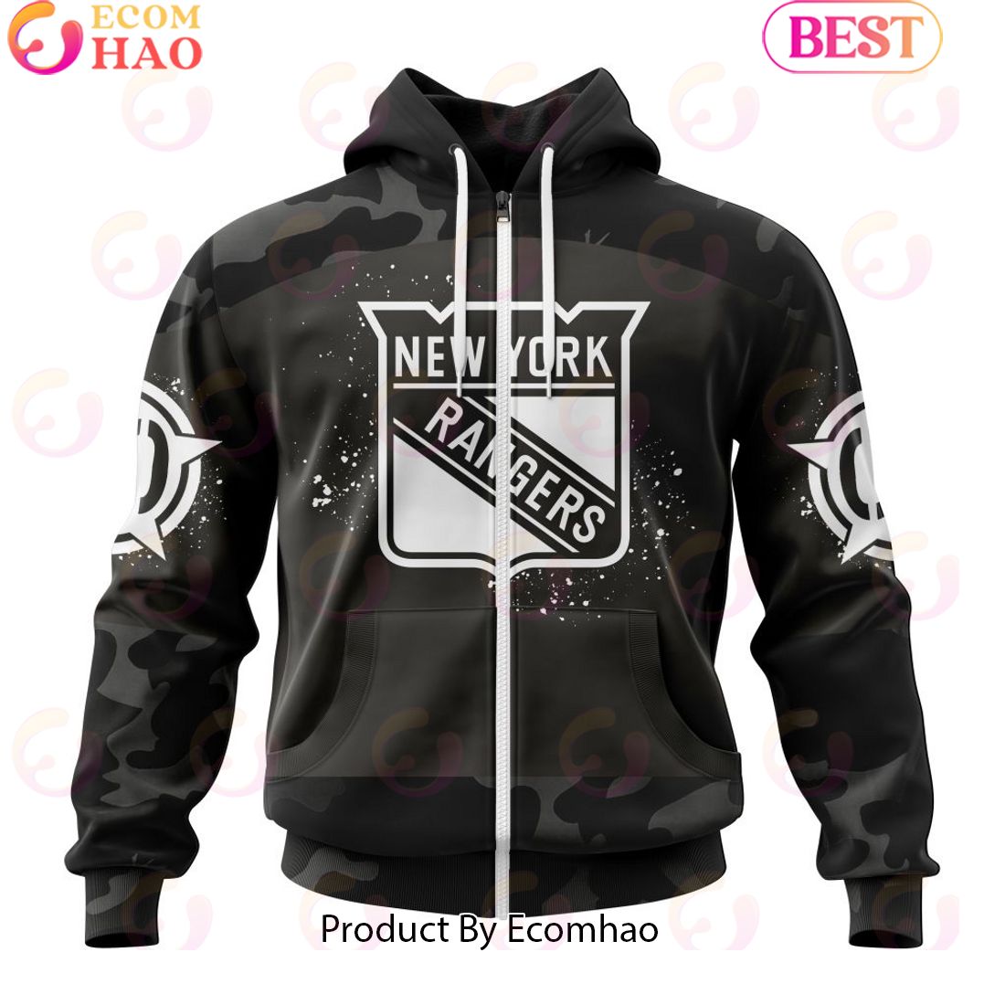 Personalized NHL New York Rangers Special Black Camo Design For Veterans Day 3D Hoodie