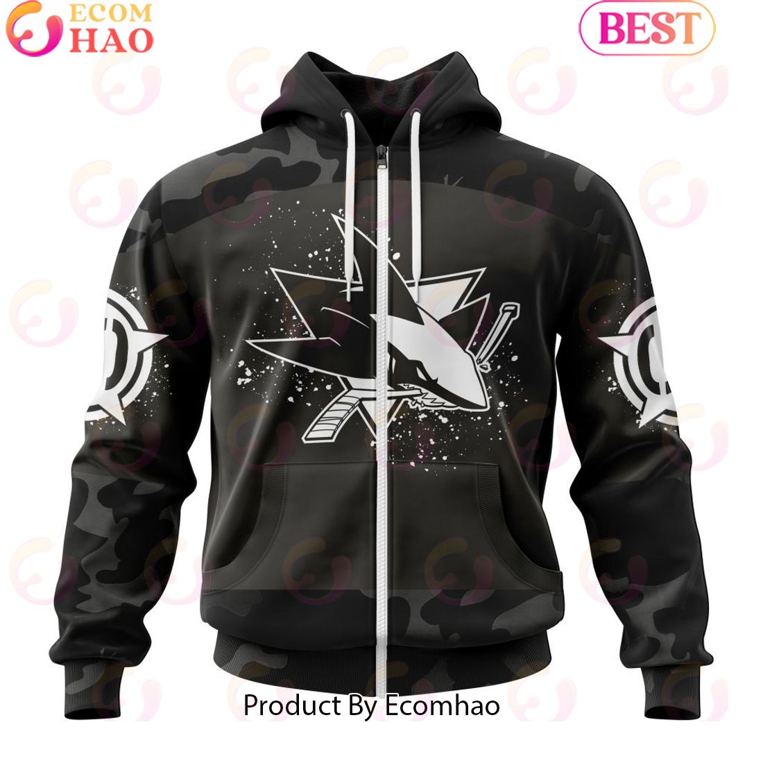 Personalized NHL San Jose Sharks Special Black Camo Design For Veterans Day 3D Hoodie