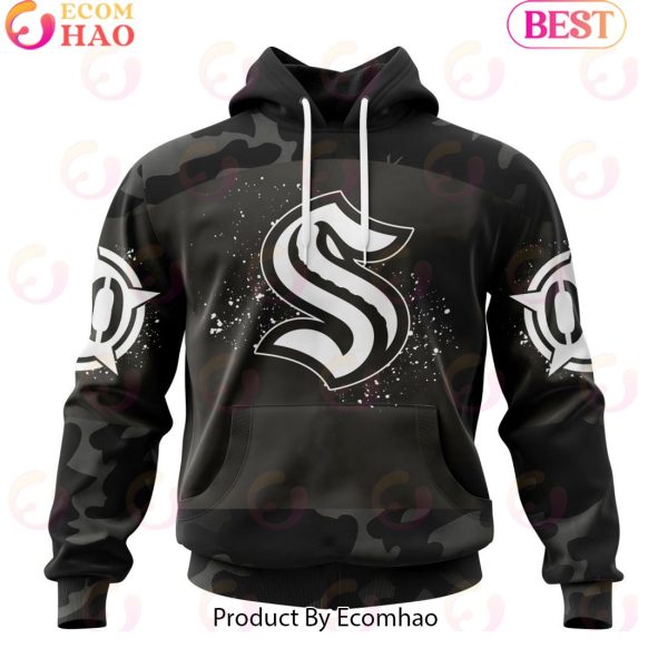 Personalized NHL Seattle Kraken Special Black Camo Design For Veterans Day 3D Hoodie