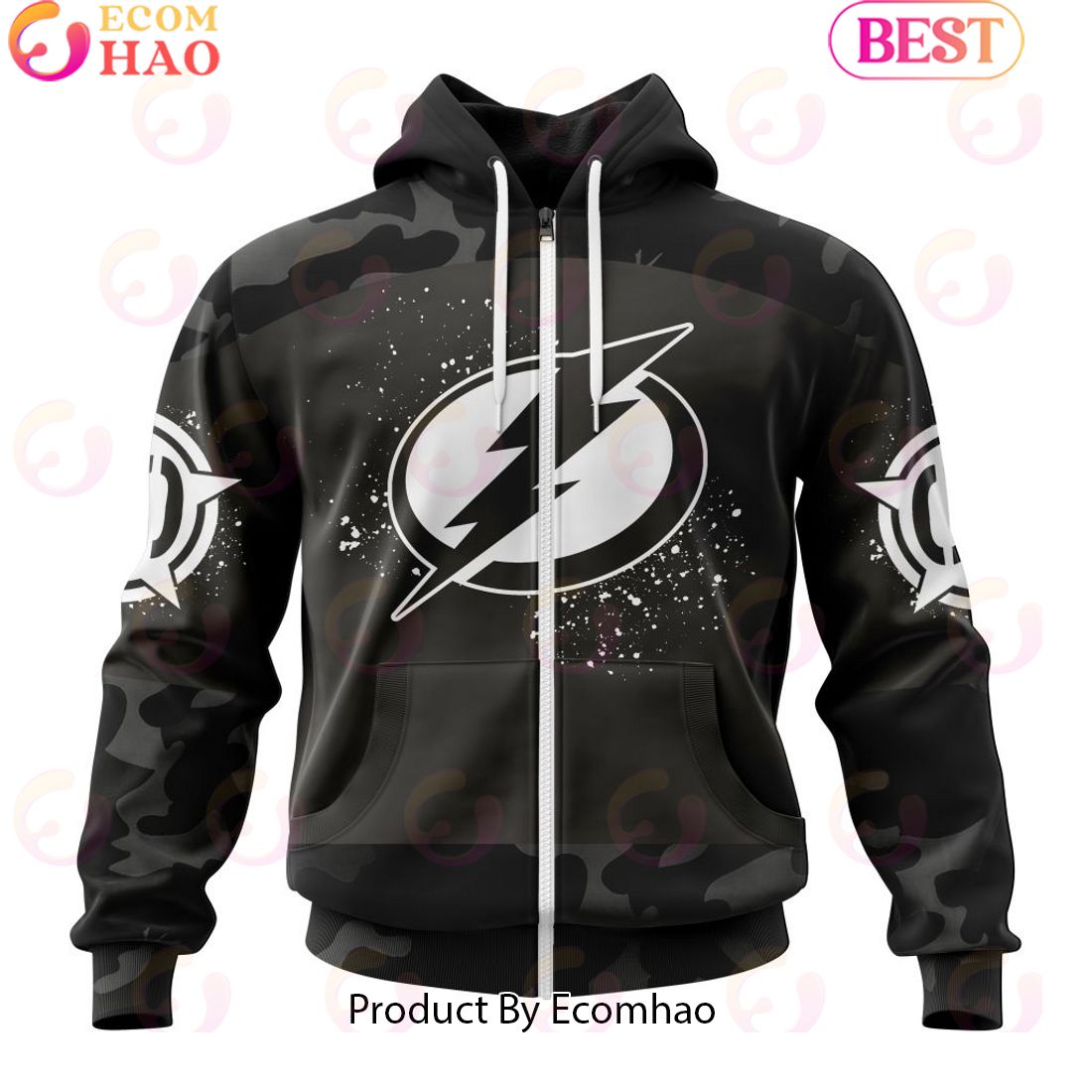 Personalized NHL Tampa Bay Lightning Special Black Camo Design For Veterans Day 3D Hoodie