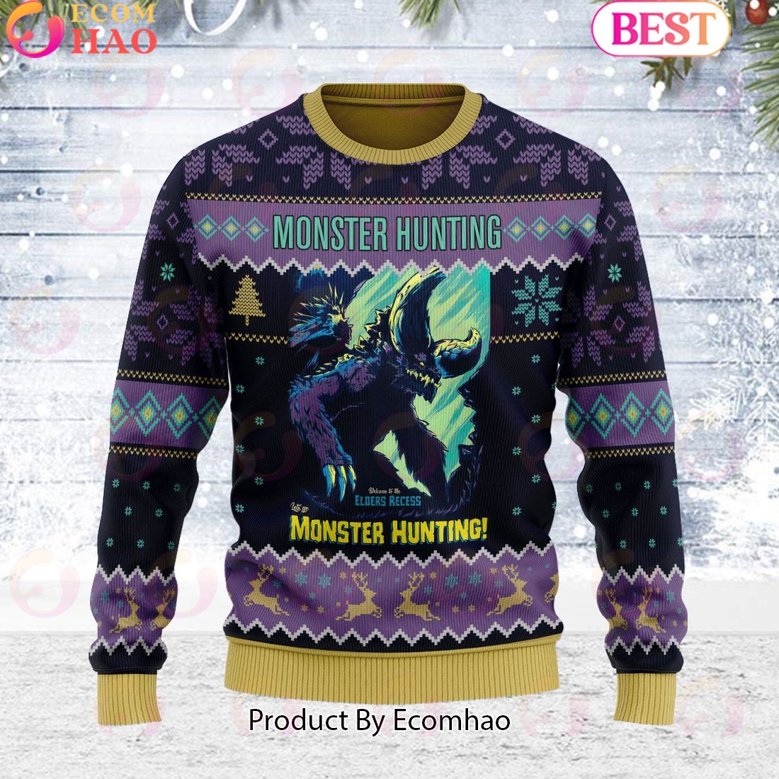 ELDERS RECESS, Let’s Go Monster Hunting Video Game Art Unisex Ugly Christmas Sweater For Men and Women