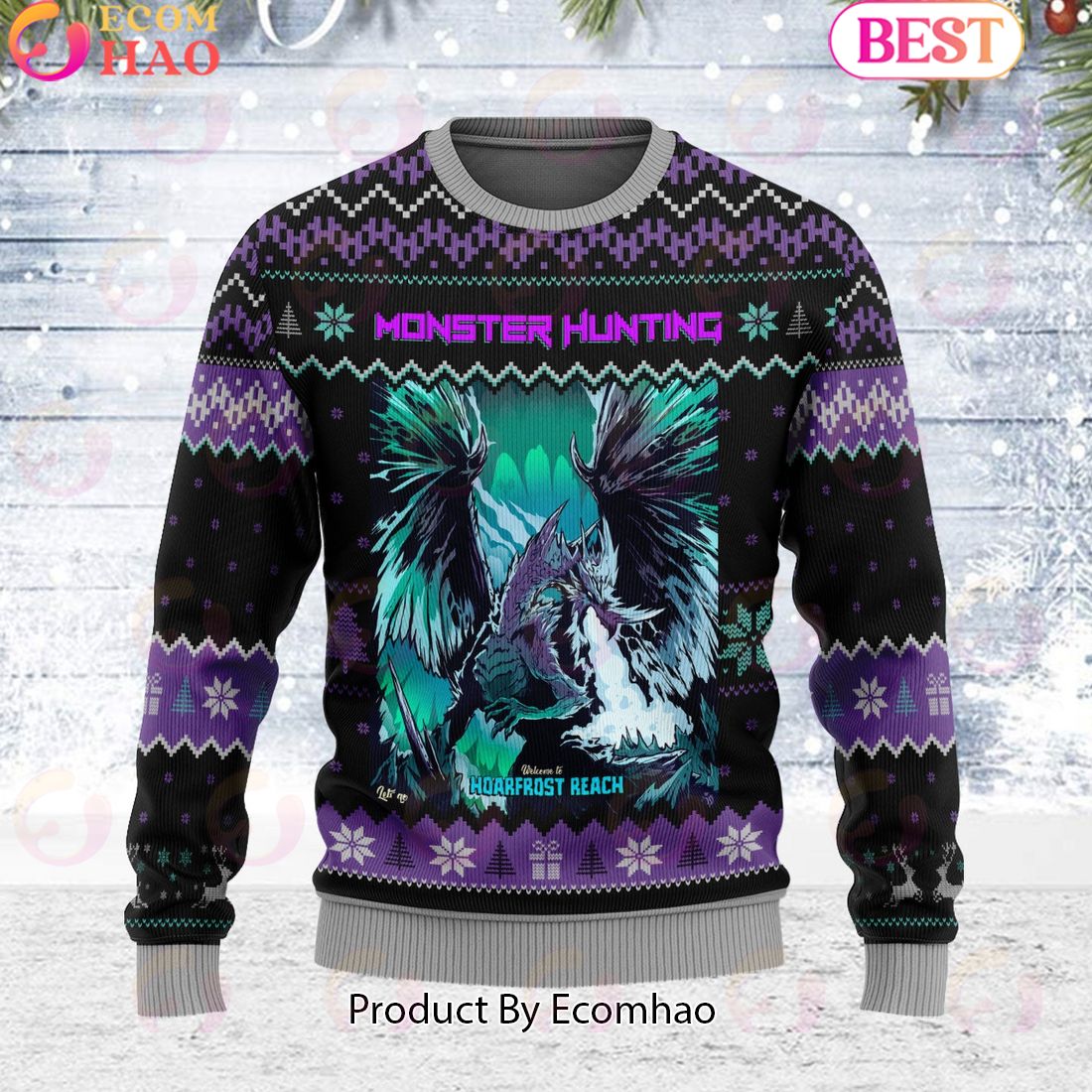 HOARFROST REACH Let’s Go Monster Hunting, Video Game Unisex Ugly Christmas Sweater For Men and Women