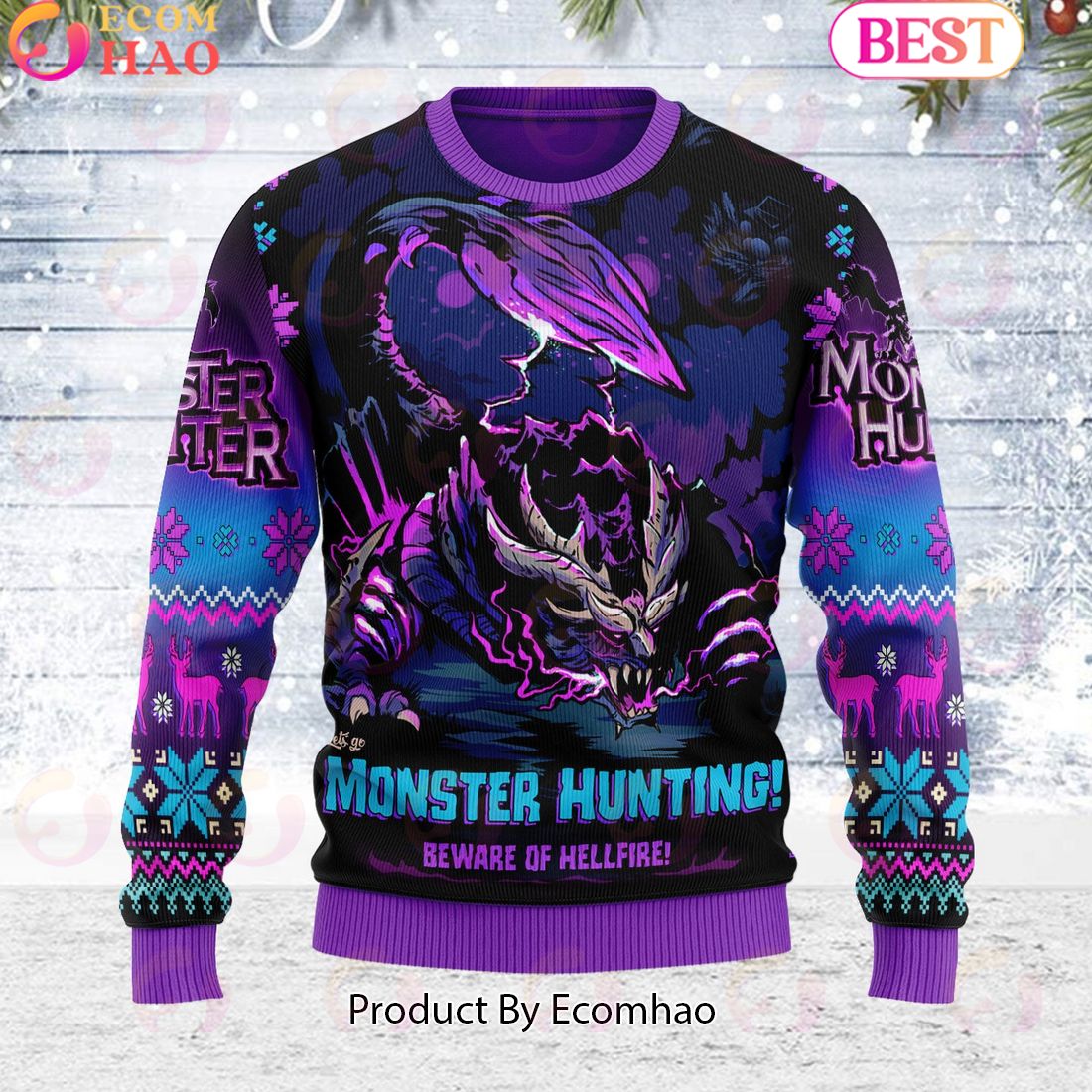 Monster Hunter WYVERN OF MALICE Let’s Go Monster Hunting Unisex Ugly Christmas Sweater For Men and Women