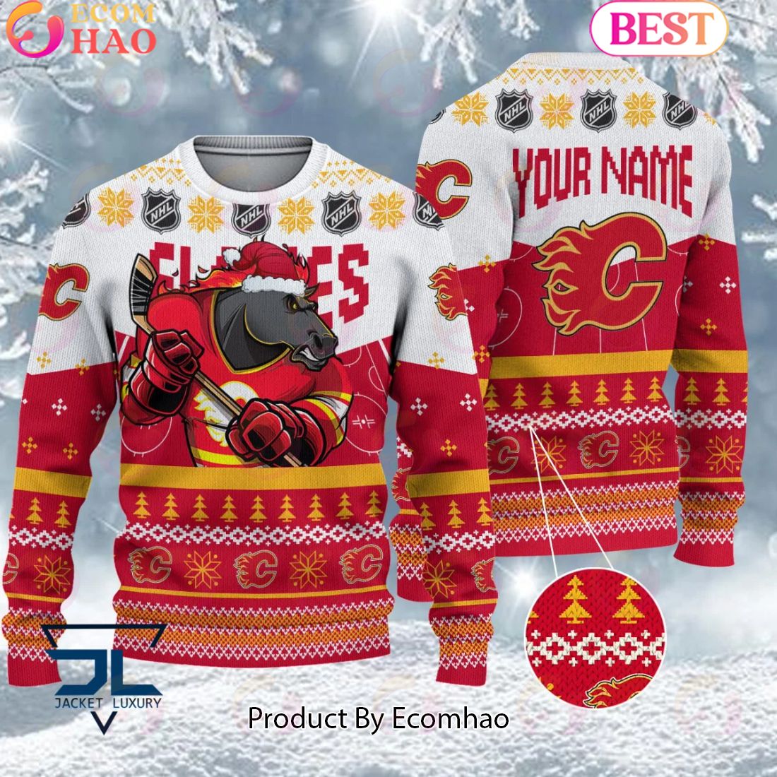 NHL Calgary Flames Angry Mascot Design Ugly Sweater