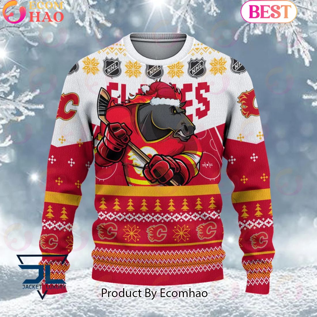 NHL Calgary Flames Angry Mascot Design Ugly Sweater