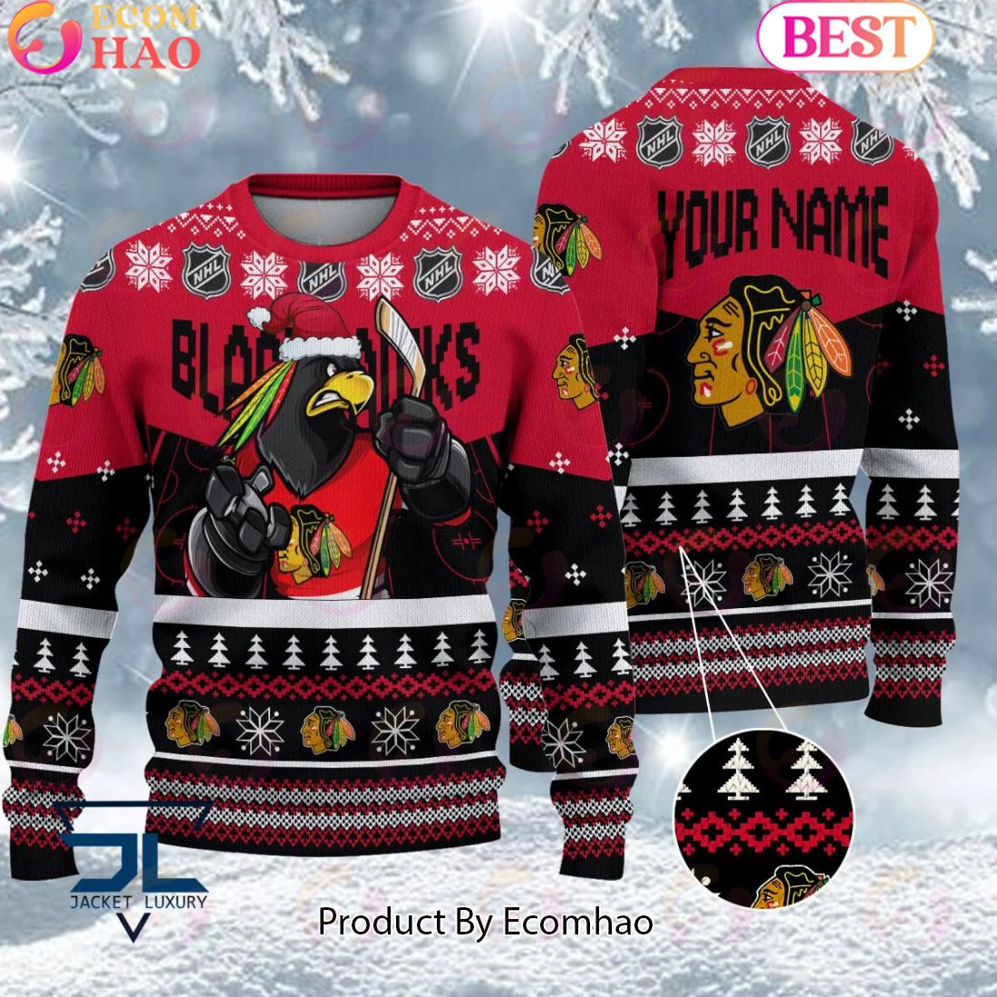 NHL Chicago Blackhawks Angry Mascot Design Ugly Sweater