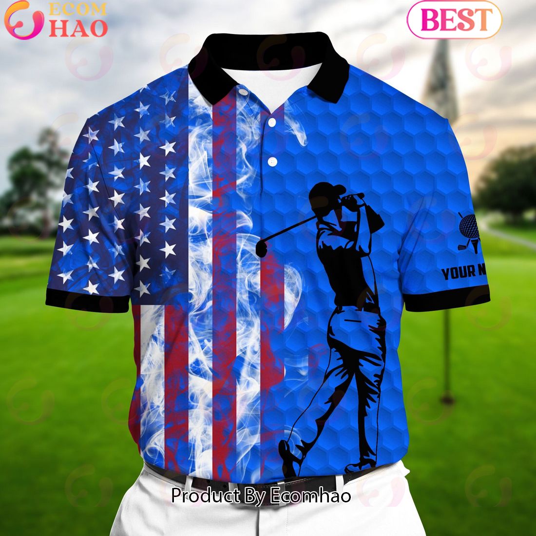 Ecomhao Blue Pride Premium Smoke US Flag Cool Golf Polo Shirts Multicolor Custom Name Polo