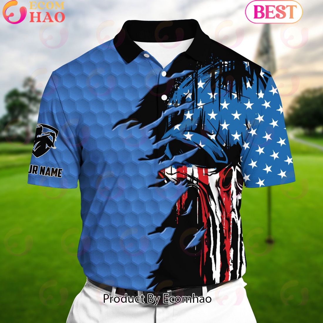 Ecomhao Blue Pride The Coolest American Skull, Golf Polo Shirts Multicolor Custom Name Polo