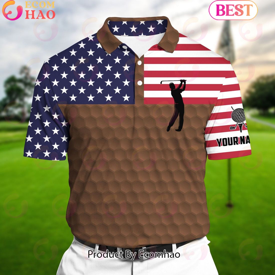 Ecomhao Brown Pride Premium Cool American Flag Golf Polo Shirts Multicolored Custom Name Polo