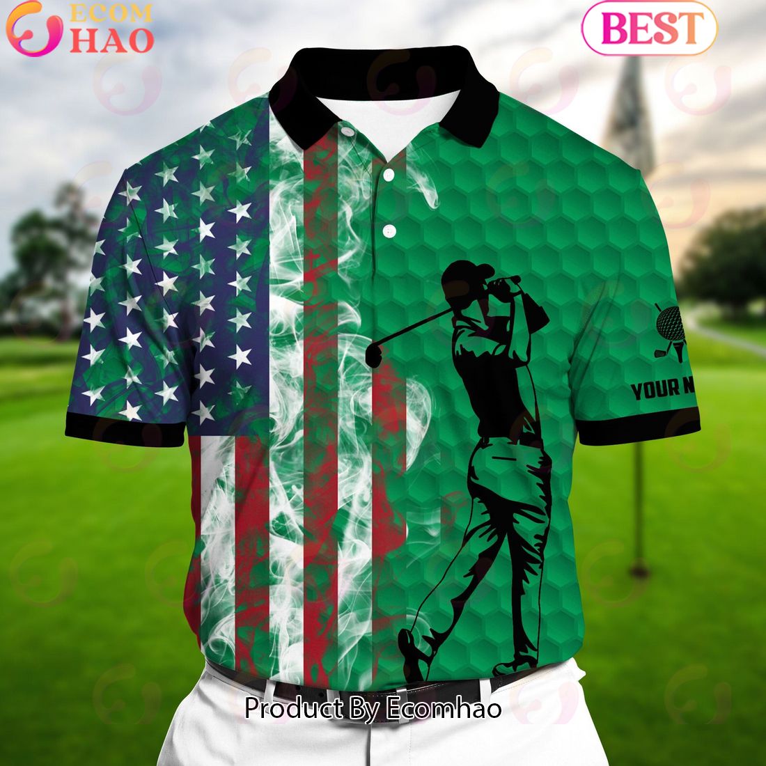 Ecomhao Green Pride Premium Cool American Flag Golf Polo Shirts Multicolored Custom Name Polo