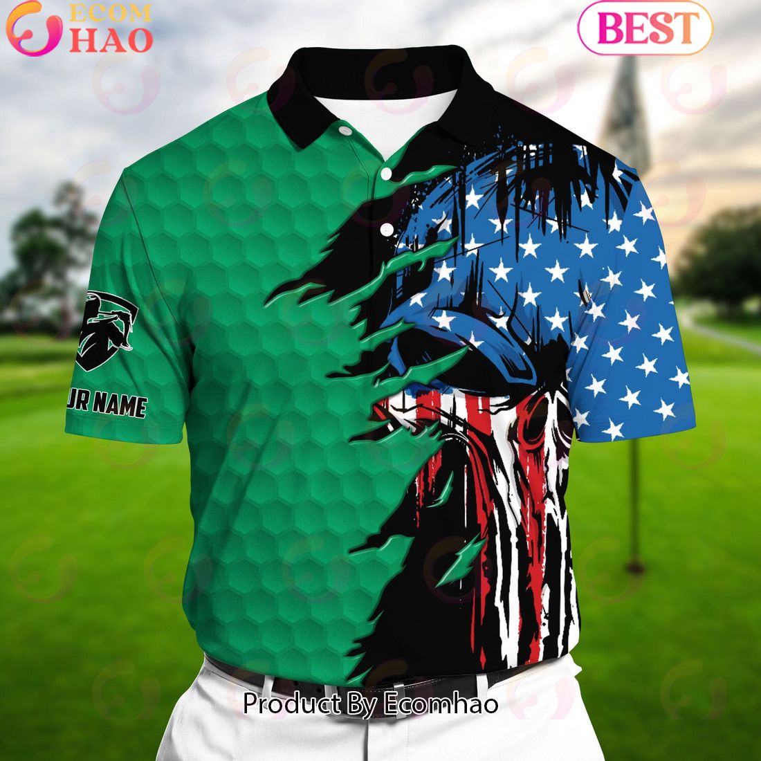 Ecomhao Green Pride The Coolest American Skull, Golf Polo Shirts Multicolor Custom Name Polo