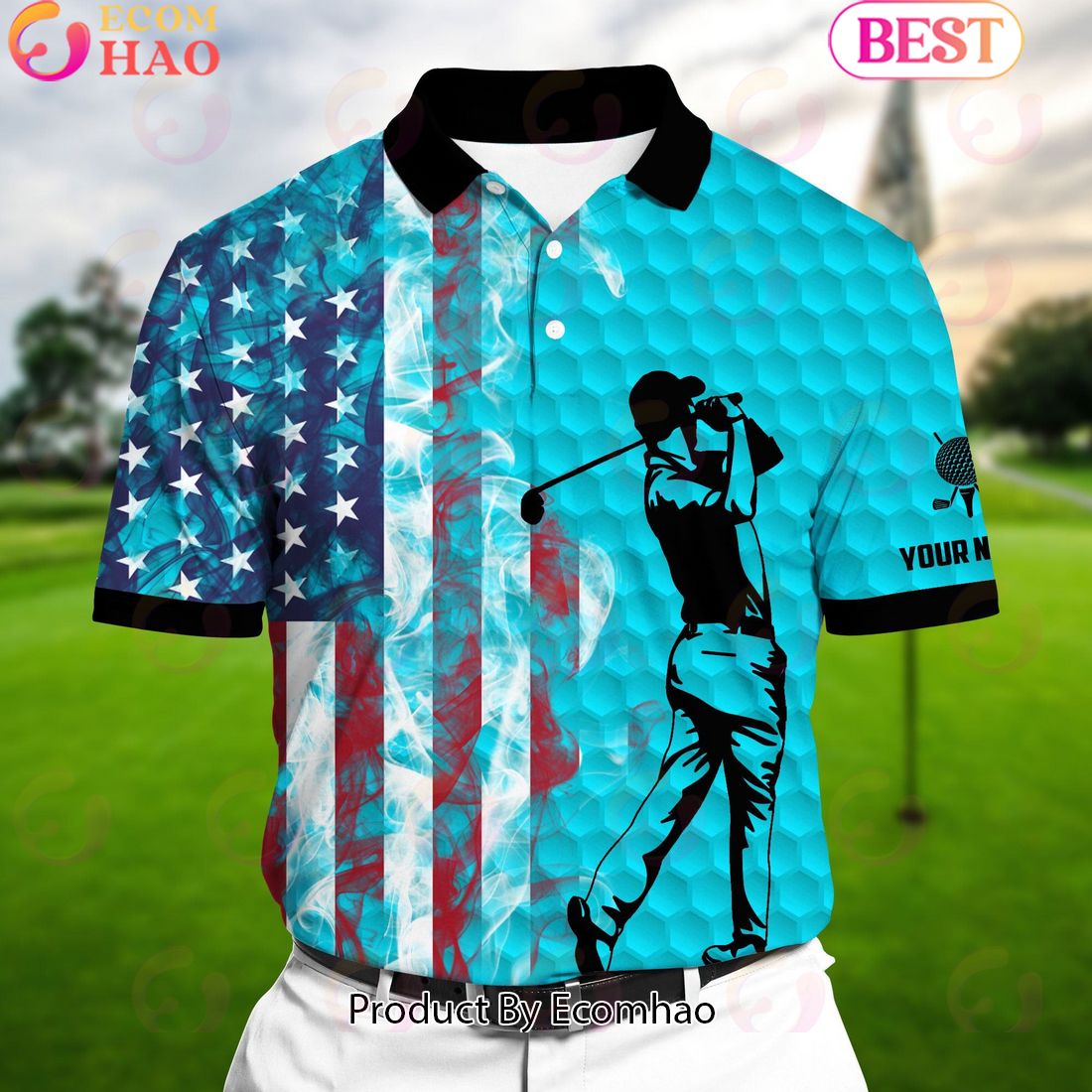 Ecomhao Light Blue Pride Premium Smoke US Flag Cool Golf Polo Shirts Multicolor Custom Name Polo