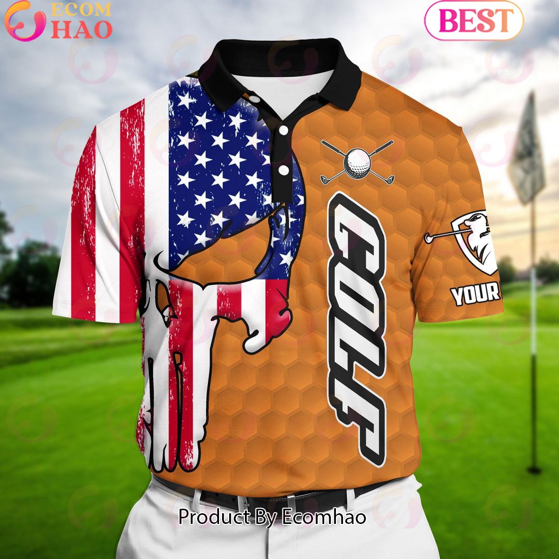 Ecomhao Orange Pride Premium Cool American Skull Golf Polo Shirts Multicolored Custom Name Polo