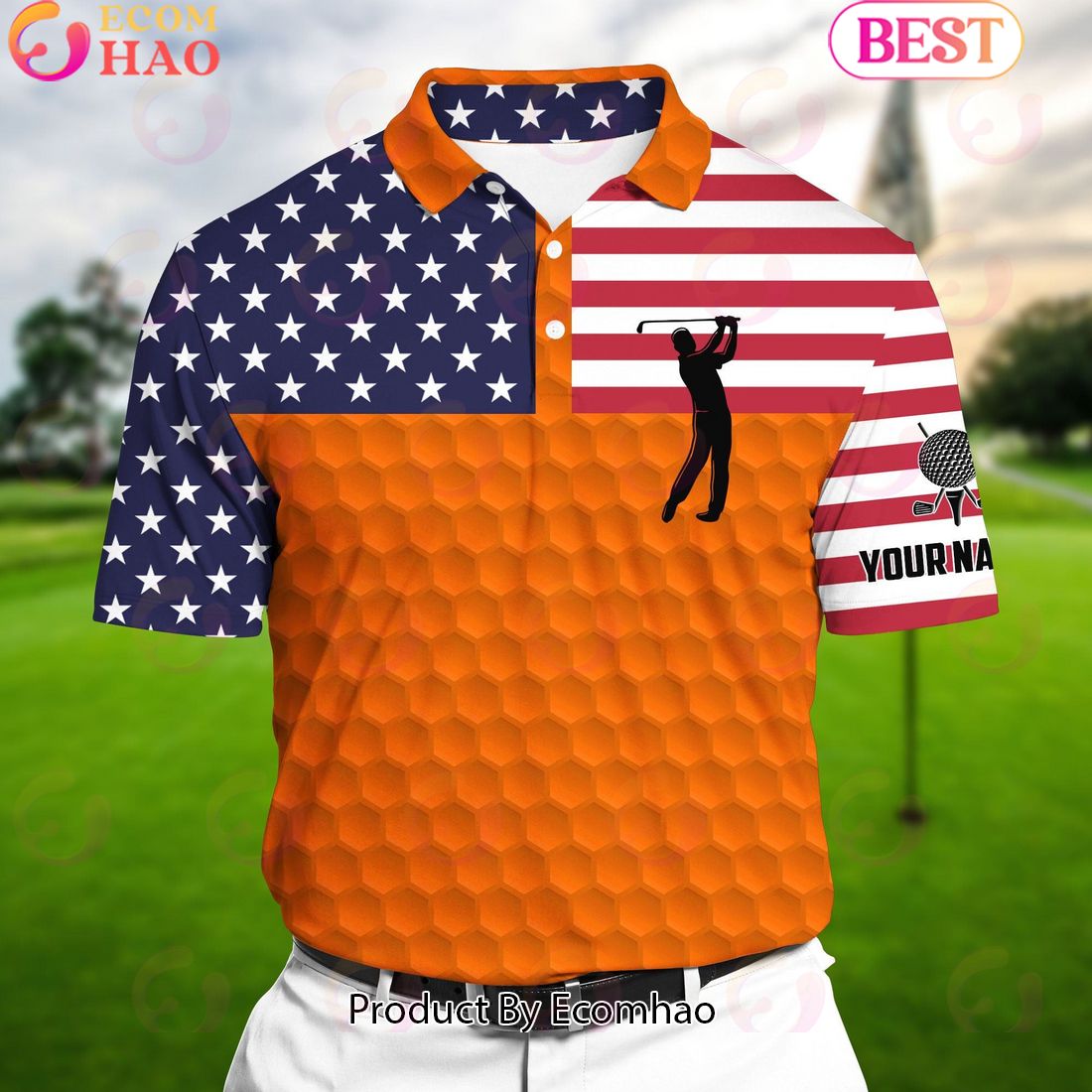 Ecomhao Orange Super Cool American Golf Man, Golf Polo Shirts Multicolor Custom Name Polo