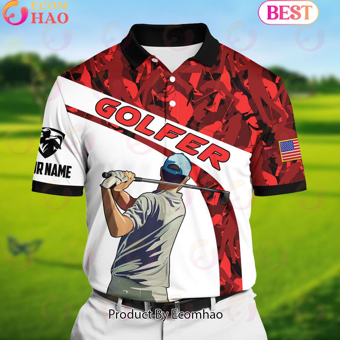 Ecomhao Red Pride Premium Coolest Golf Club And Ball, Golf Polo Shirts Multicolor Custom Name Polo