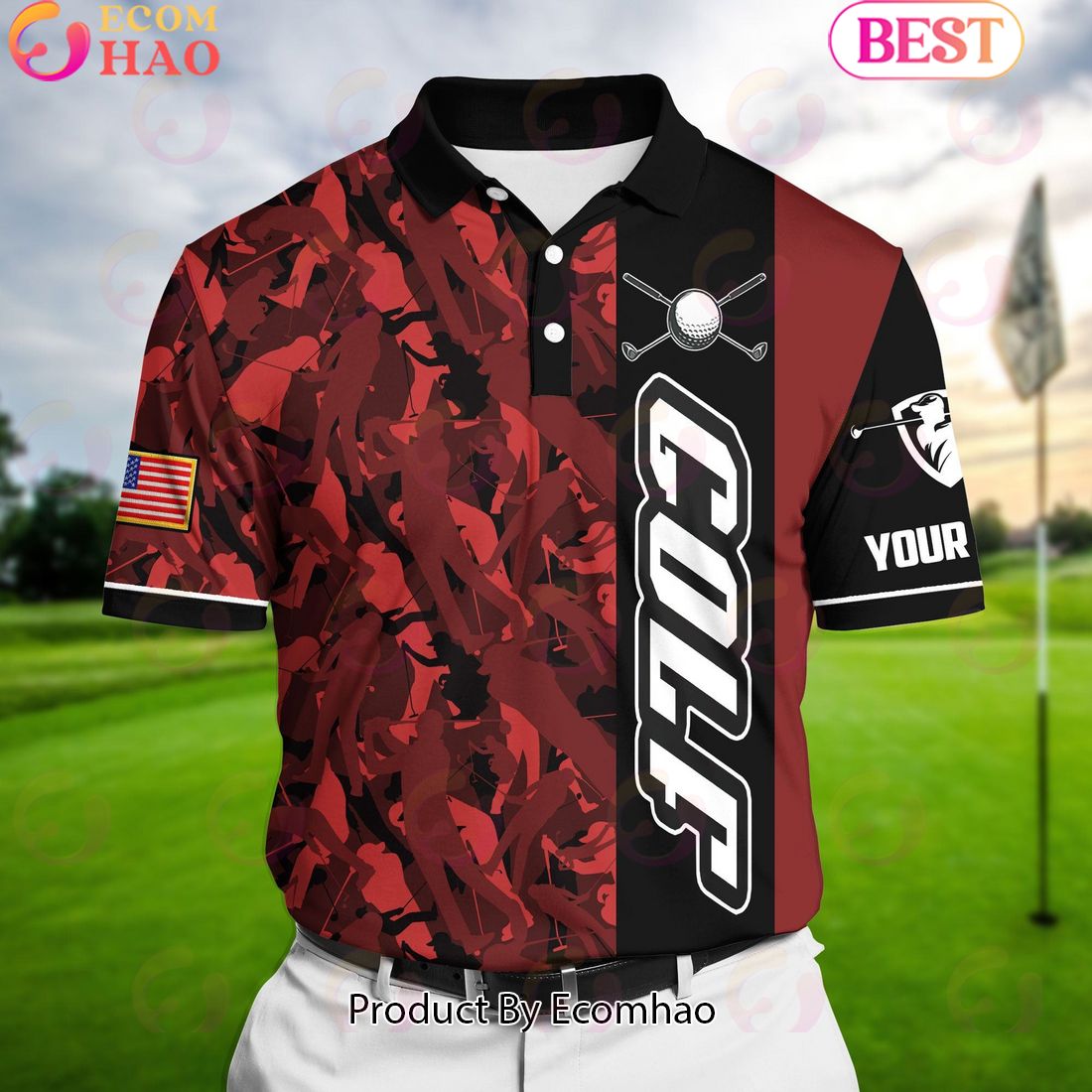 Ecomhao Red Pride Premium Cool American Flag Golf Polo Shirts Multicolored Custom Name Polo