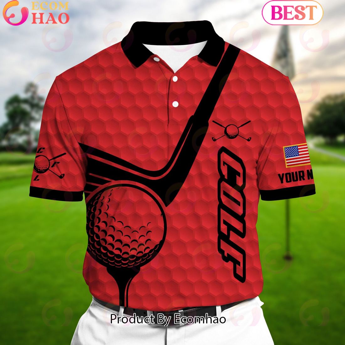 Ecomhao Red Pride Super Cool American Golf Man, Golf Polo Shirts Multicolor Custom Name Polo