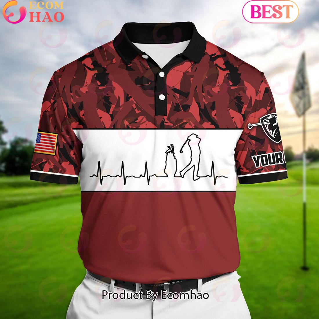 Ecomhao Red Pride Premium Unique Golf Heart Beat Golf Polo Shirts Multicolored Custom Name Polo