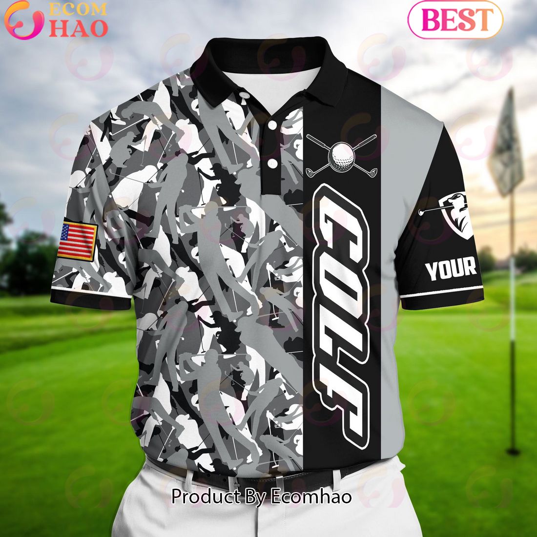 Ecomhao Silver Pride Premium Coolest Golf Club And Ball, Golf Polo Shirts Multicolor Custom Name Polo