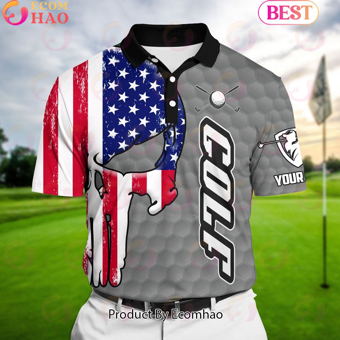 Ecomhao Silver Pride Premium Smoke US Flag Cool Golf Polo Shirts Multicolor Custom Name Polo