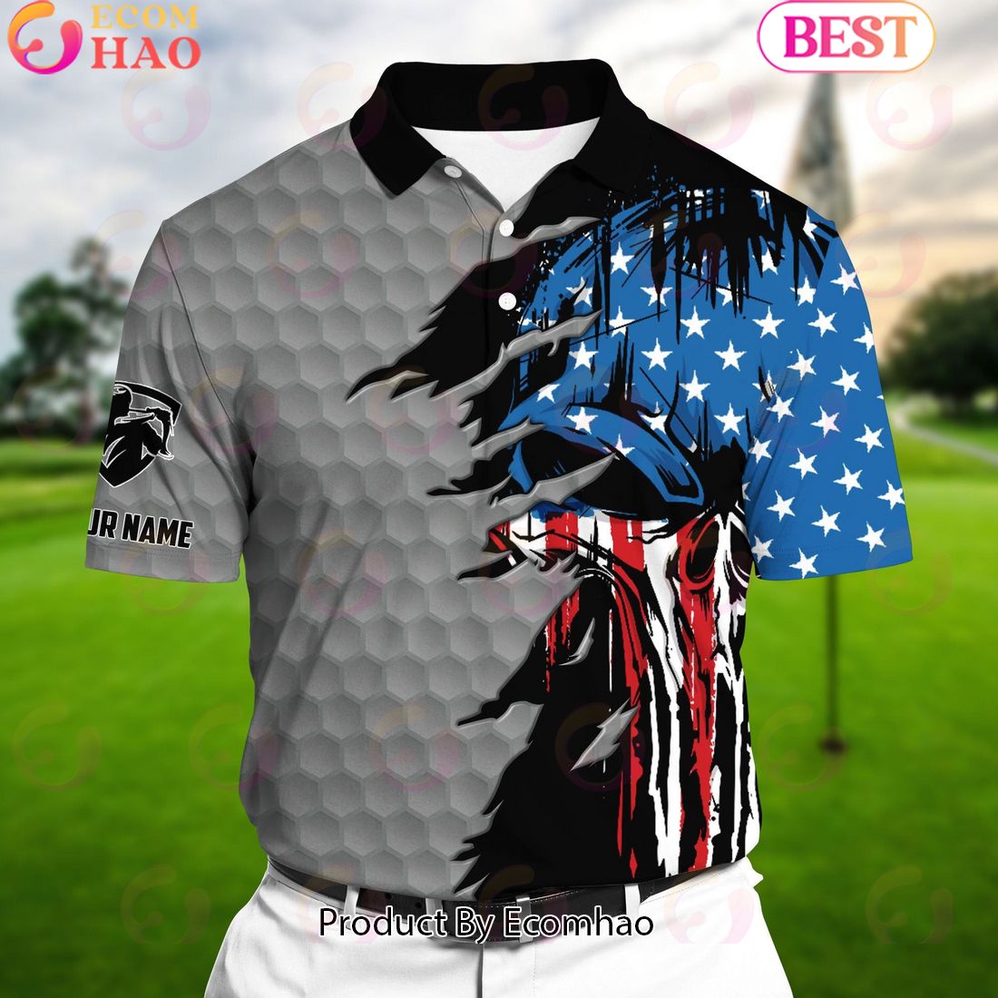 Ecomhao Silver Pride The Coolest American Skull, Golf Polo Shirts Multicolor Custom Name Polo