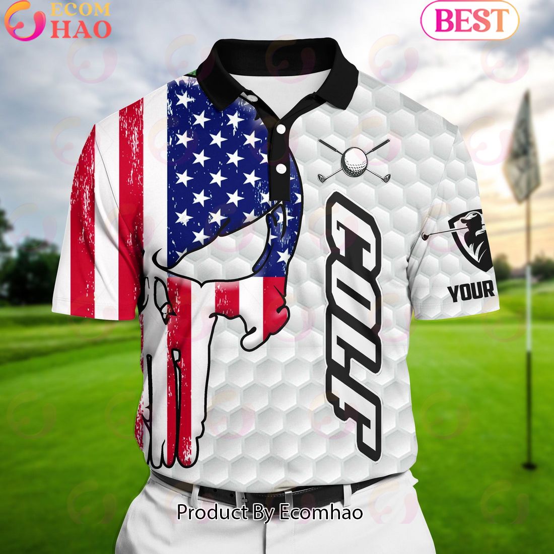 Ecomhao White Pride Premium Cool American Skull Golf Polo Shirts Multicolored Custom Name Polo