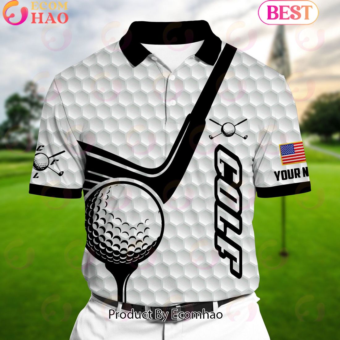 Ecomhao White Pride Premium Coolest Golf Club And Ball, Golf Polo Shirts Multicolor Custom Name Polo